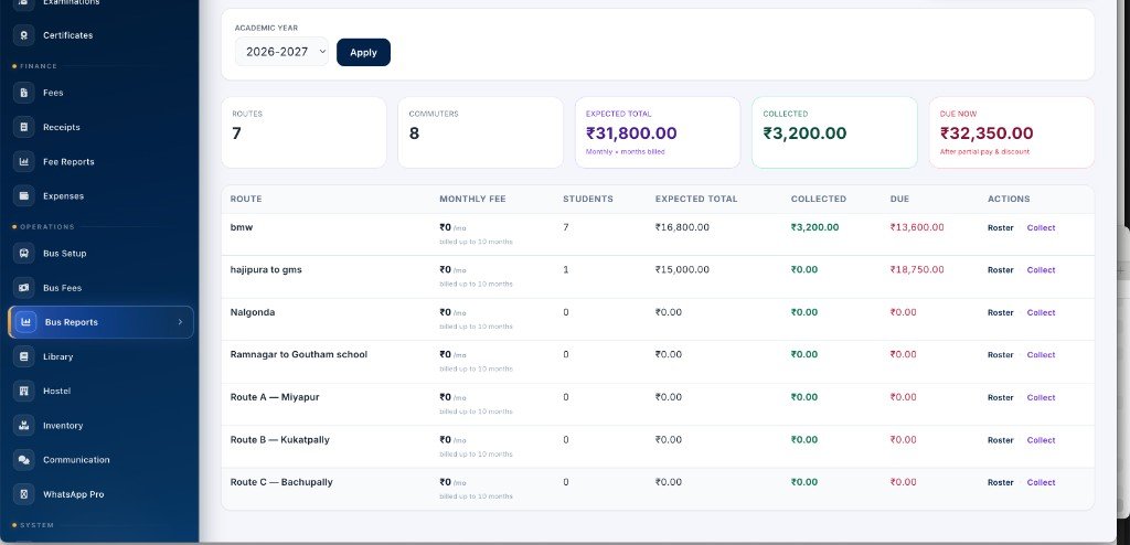 Bus reports screen with route-wise expected total, collected and due amounts per route