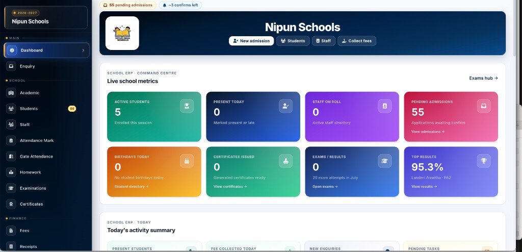 Nipun Schools ERP live dashboard with sidebar, school metrics and activity summary