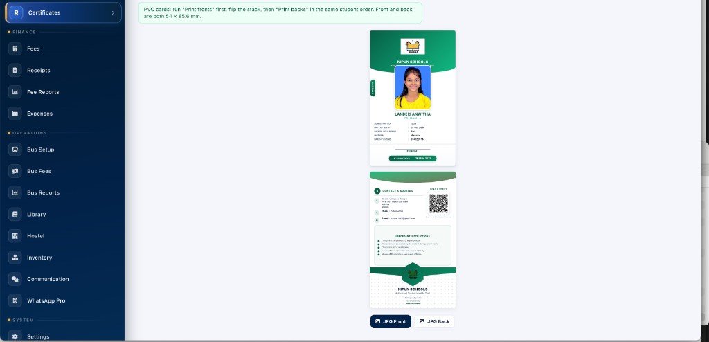 Student ID card generator showing PVC card front with photo and back with QR code, contact and instructions