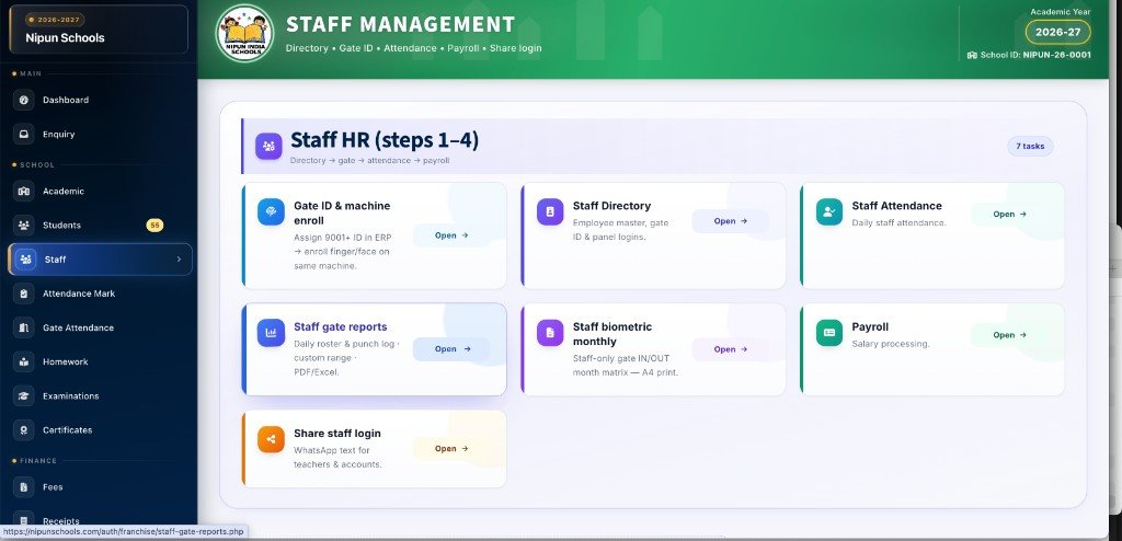 Staff management screen with staff directory, gate ID enroll, attendance, biometric monthly, payroll and share login