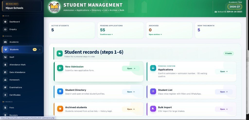 Student management screen with new admission, applications, directory, list, archive and bulk import steps
